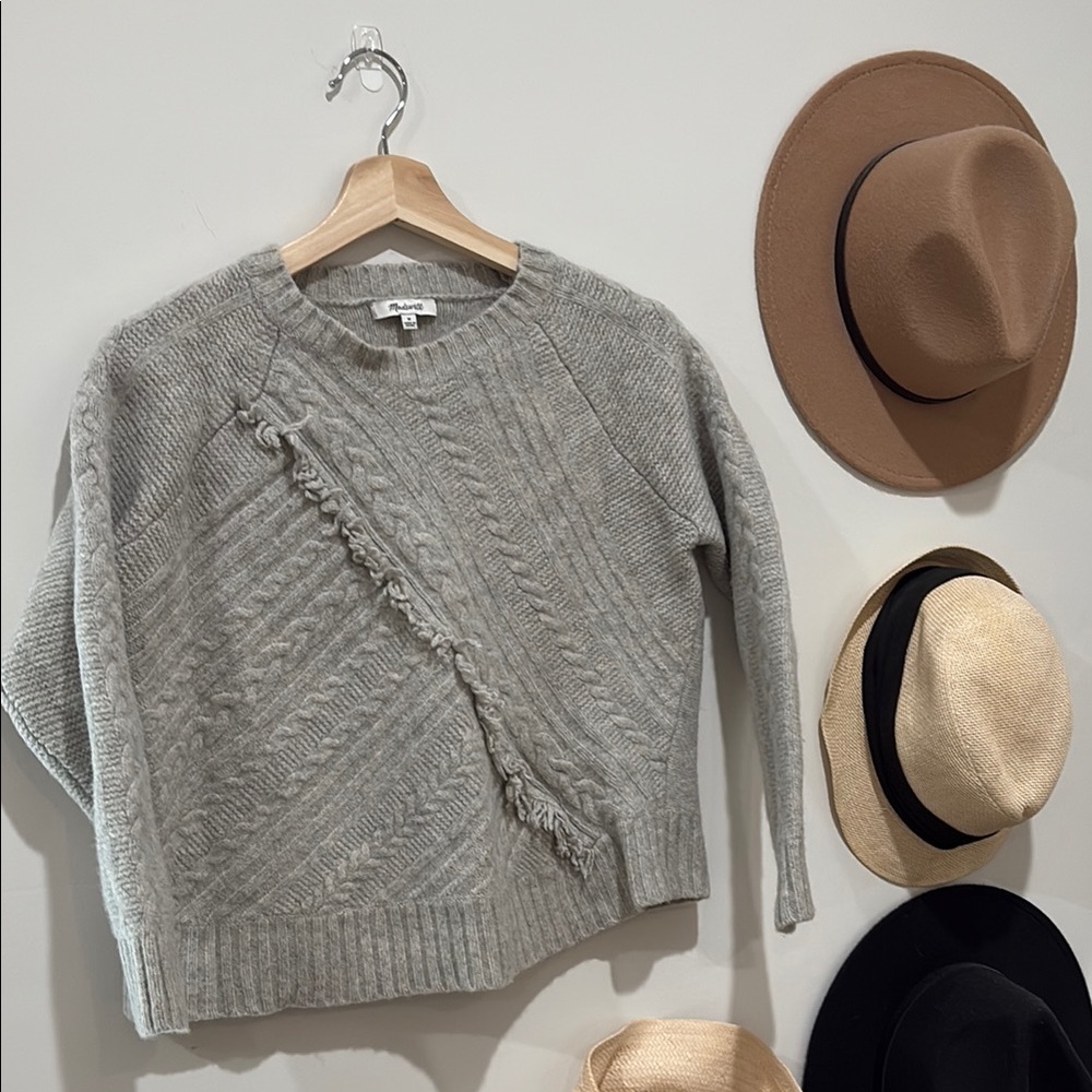 Madewell merino wool Gray Crew Neck Sweater with Asymmetrical Cable Knit